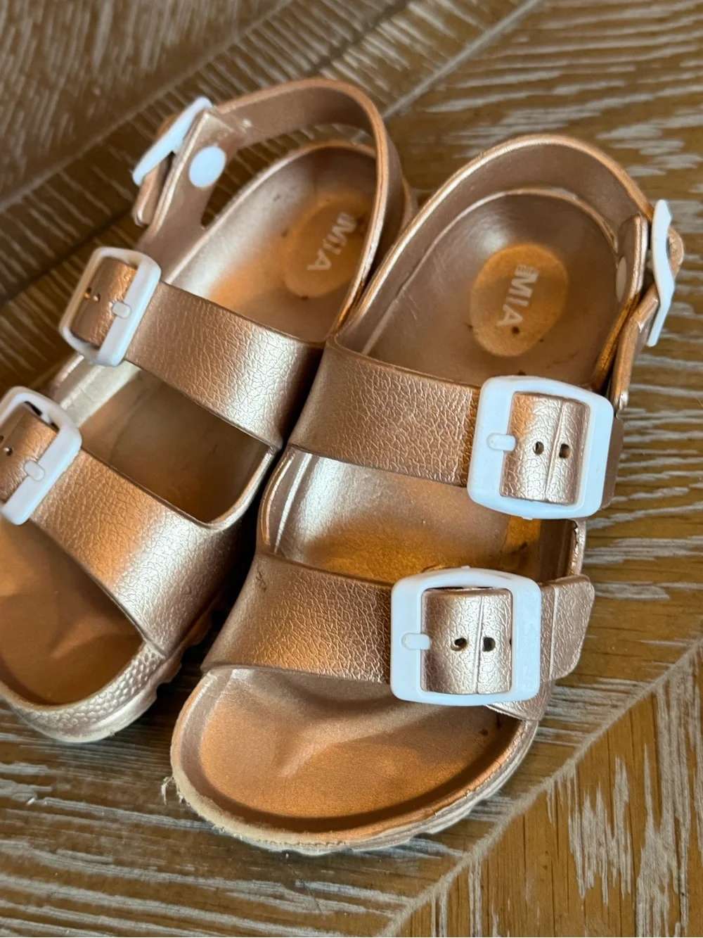 MIA Kids Metallic Rose Gold Double-Buckle Sandals with White Buckles